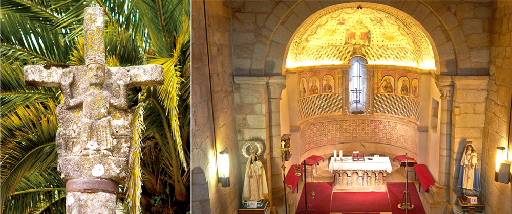 Cruceiro (Melide). Á dereita Igrexa de Santa María de Melide