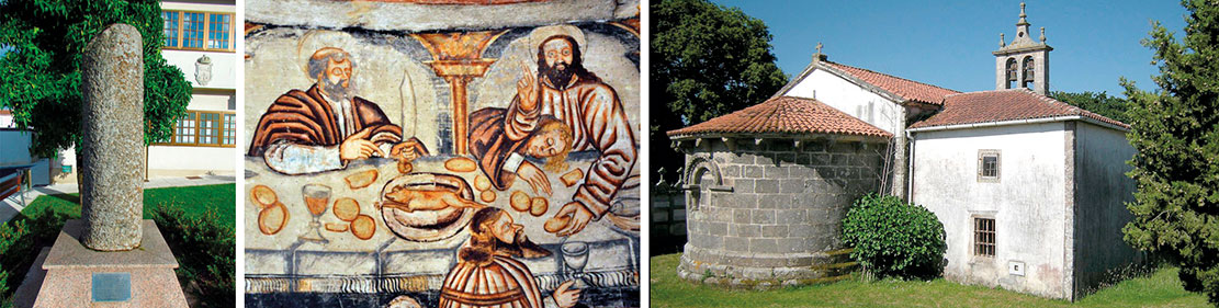 Miliario romano. Murais do século XVI. Igrexa de Sendelle (Boimorto)